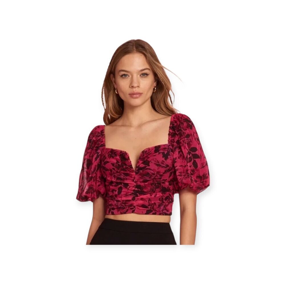 Amanda Uprichard Pink Floral Puff Sleeve Sweetheart Crop Top Soft Glam S